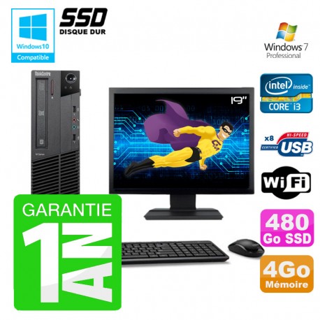 PC Lenovo M91p SFF Intel I3-2120 4Go Disque 480Go SSD Graveur Wifi W7 Ecran 19"