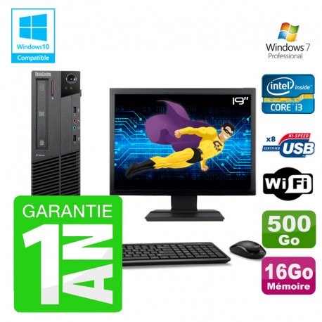 PC Lenovo M91p SFF Intel I3-2120 16Go Disque 500Go Graveur Wifi W7 Ecran 19"