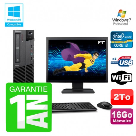 PC Lenovo M91p SFF Intel I3-2120 16Go Disque 2To Graveur Wifi W7 Ecran 19"