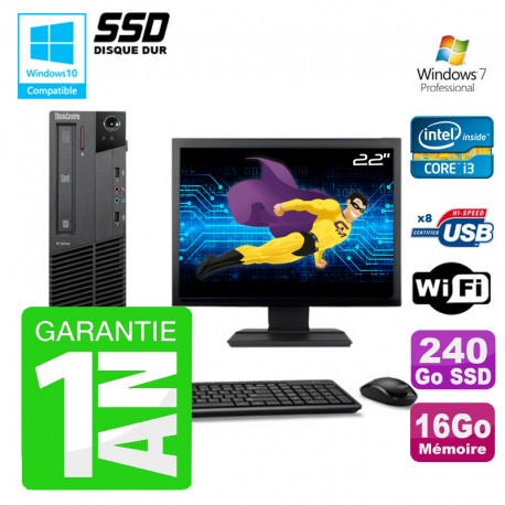 PC Lenovo M91p SFF Intel I3-2120 16Go Disque 240Go SSD Graveur Wifi W7 Ecran 22"
