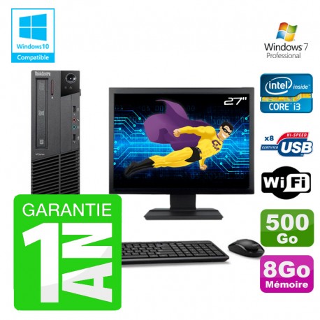 PC Lenovo M91p SFF Intel I3-2120 8Go Disque 500Go Graveur Wifi W7 Ecran 27"