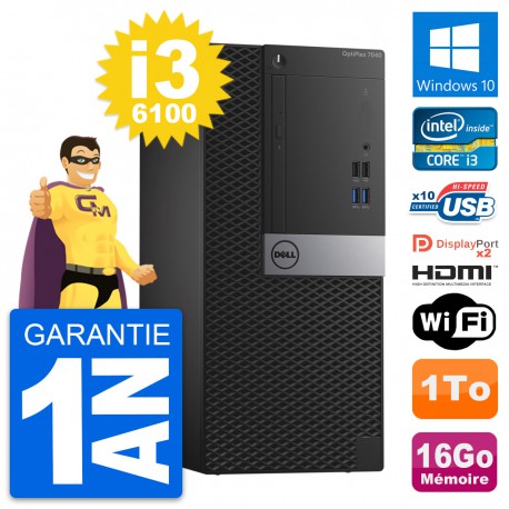 PC Tour Dell OptiPlex 7040 Core i3-6100 RAM 16Go Disque 1To HDMI Windows 10 Wifi