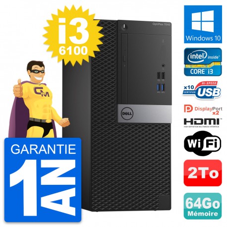 PC Tour Dell OptiPlex 7040 Core i3-6100 RAM 64Go Disque 2To HDMI Windows 10 Wifi