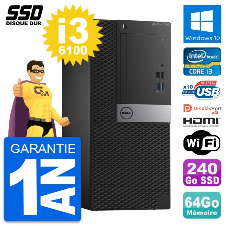 PC Tour Dell OptiPlex 7040 Core i3-6100 RAM 64Go SSD 240Go HDMI Windows 10 Wifi