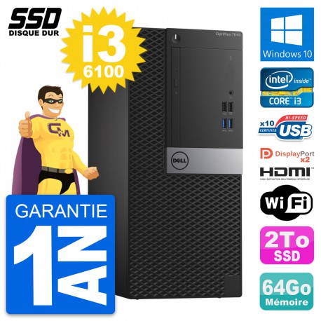 PC Tour Dell OptiPlex 7040 Intel i3-6100 RAM 64Go SSD 2To HDMI Windows 10 Wifi