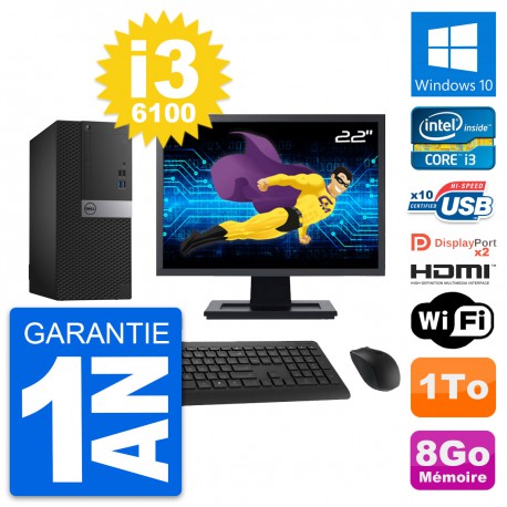 PC Tour Dell 7040 Ecran 22" Core i3-6100 RAM 8Go Disque 1To HDMI Windows 10 Wifi