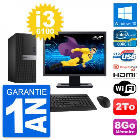 PC Tour Dell 7040 Ecran 22" Core i3-6100 RAM 8Go Disque 2To HDMI Windows 10 Wifi