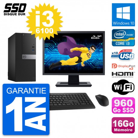 PC Tour Dell 7040 Ecran 22" Core i3-6100 RAM 16Go SSD 960Go HDMI Windows 10 Wifi