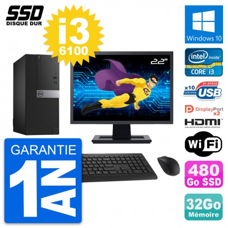 PC Tour Dell 7040 Ecran 22" Core i3-6100 RAM 32Go SSD 480Go HDMI Windows 10 Wifi