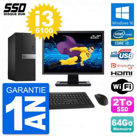 PC Tour Dell 7040 Ecran 22" Intel i3-6100 RAM 64Go SSD 2To HDMI Windows 10 Wifi