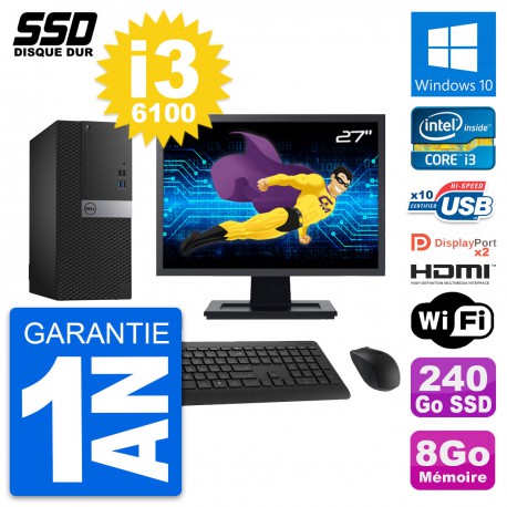PC Tour Dell 7040 Ecran 27" Intel i3-6100 RAM 8Go SSD 240Go HDMI Windows 10 Wifi
