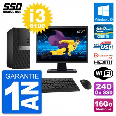 PC Tour Dell 7040 Ecran 27" Core i3-6100 RAM 16Go SSD 240Go HDMI Windows 10 Wifi