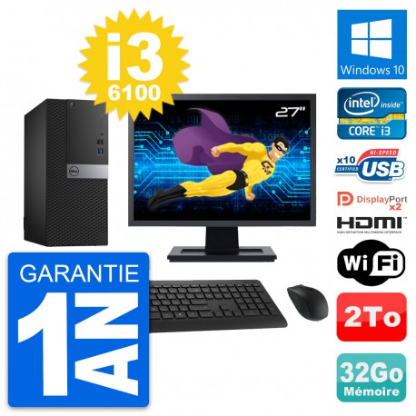 PC Tour Dell 7040 Ecran 27" i3-6100 RAM 32Go Disque 2To HDMI Windows 10 Wifi
