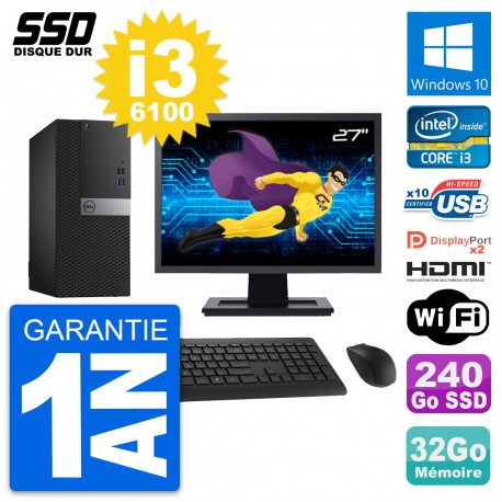 PC Tour Dell 7040 Ecran 27" Core i3-6100 RAM 32Go SSD 240Go HDMI Windows 10 Wifi