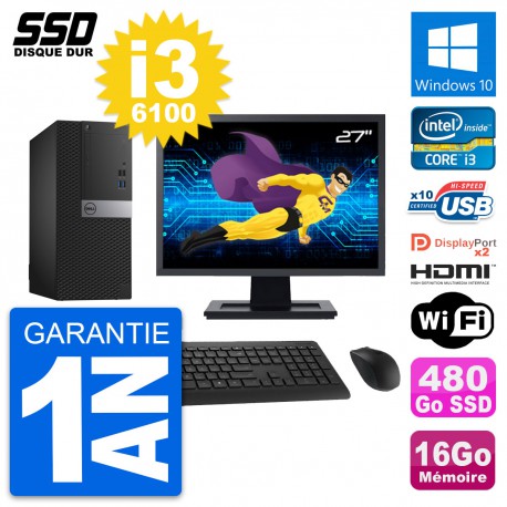 PC Tour Dell 7040 Ecran 27" Core i3-6100 RAM 16Go SSD 480Go HDMI Windows 10 Wifi