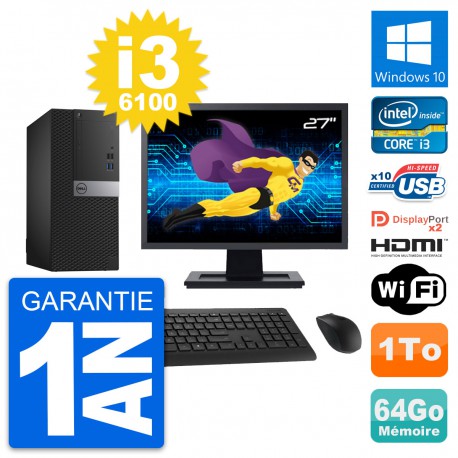 PC Tour Dell 7040 Ecran 27" i3-6100 RAM 64Go Disque 1To HDMI Windows 10 Wifi