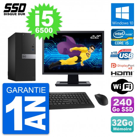 PC Tour Dell 7040 Ecran 22" Core i5-6500 RAM 32Go SSD 240Go HDMI Windows 10 Wifi