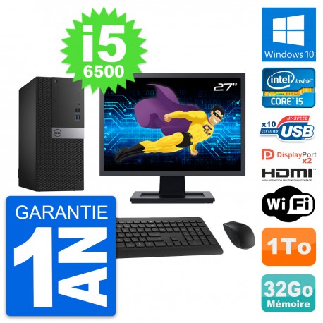 PC Tour Dell 7040 Ecran 27" i5-6500 RAM 32Go Disque 1To HDMI Windows 10 Wifi