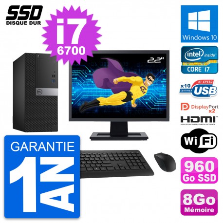 PC Tour Dell 7040 Ecran 22" Intel i7-6700 RAM 8Go SSD 960Go HDMI Windows 10 Wifi