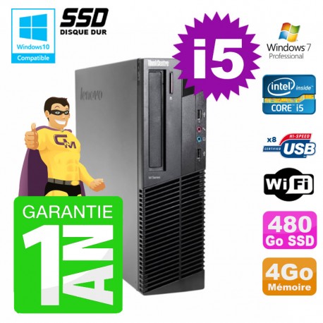 PC Lenovo M91p SFF Intel I5-2400 4Go Disque 480Go SSD Graveur Wifi W7