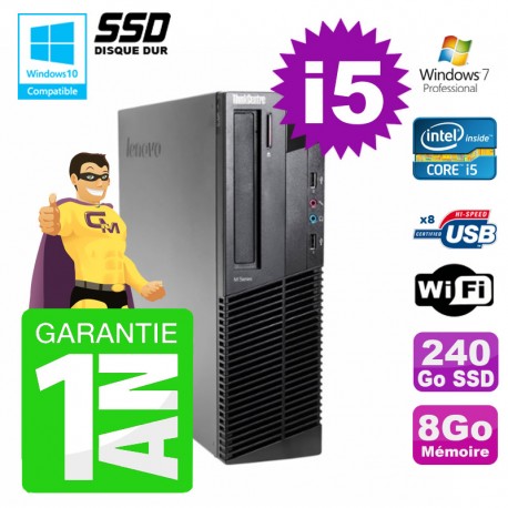 PC Lenovo M91p SFF Intel I5-2400 8Go Disque 240Go SSD Graveur Wifi W7
