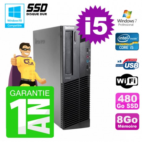PC Lenovo M91p SFF Intel I5-2400 8Go Disque 480Go SSD Graveur Wifi W7