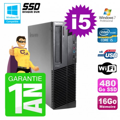 PC Lenovo M91p SFF Intel I5-2400 16Go Disque 480Go SSD Graveur Wifi W7