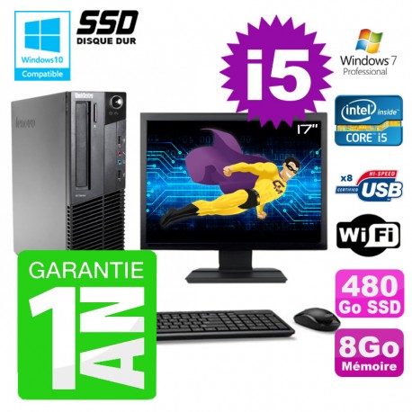 PC Lenovo M91p SFF Intel I5-2400 8Go Disque 480Go SSD Graveur Wifi W7 Ecran 17"