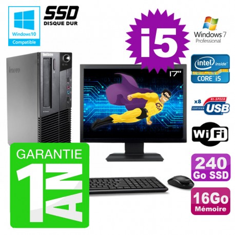 PC Lenovo M91p SFF Intel I5-2400 16Go Disque 240Go SSD Graveur Wifi W7 Ecran 17"