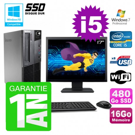 PC Lenovo M91p SFF Intel I5-2400 16Go Disque 480Go SSD Graveur Wifi W7 Ecran 17"