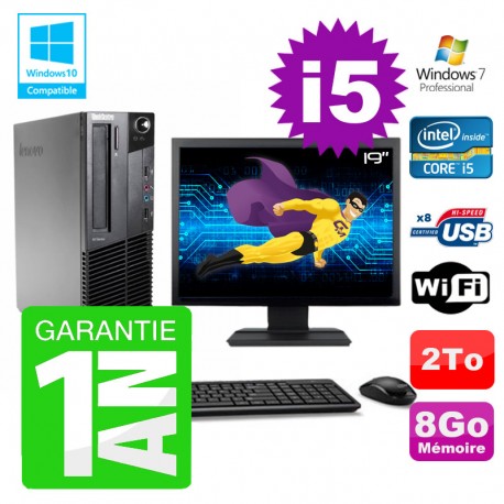 PC Lenovo M91p SFF Intel I5-2400 8Go Disque 2To Graveur Wifi W7 Ecran 19"