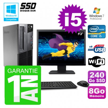 PC Lenovo M91p SFF Intel I5-2400 8Go Disque 240Go SSD Graveur Wifi W7 Ecran 19"