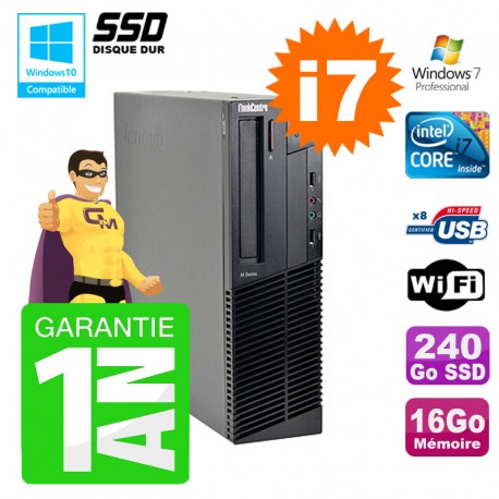 PC Lenovo M91p SFF Intel I7-2600 16Go Disque 240Go SSD Graveur Wifi W7