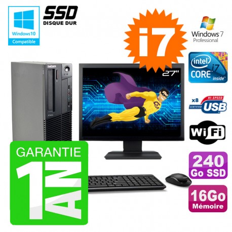 PC Lenovo M91p SFF Intel I7-2600 16Go Disque 240Go SSD Graveur Wifi W7 Ecran 27"