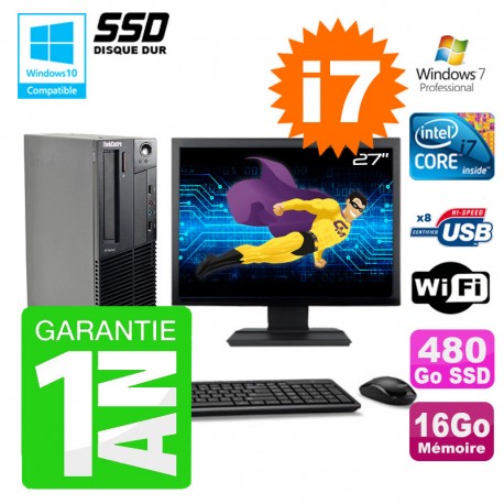 PC Lenovo M91p SFF Intel I7-2600 16Go Disque 480Go SSD Graveur Wifi W7 Ecran 27"
