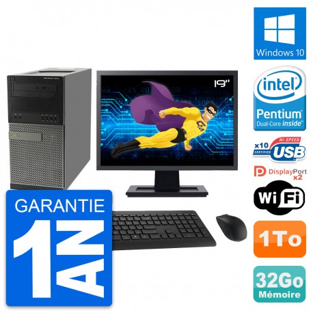 PC Tour Dell 9010 Ecran 19" Intel G630 RAM 32Go Disque Dur 1To Windows 10 Wifi
