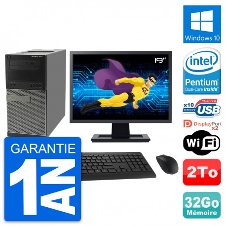 PC Tour Dell 9010 Ecran 19" Intel G630 RAM 32Go Disque Dur 2To Windows 10 Wifi
