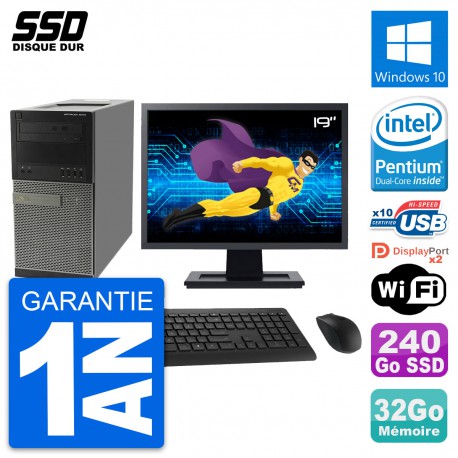 PC Tour Dell 9010 Ecran 19" Intel G630 RAM 32Go SSD 240Go Windows 10 Wifi