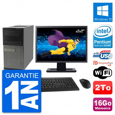 PC Tour Dell 9010 Ecran 22" Intel G630 RAM 16Go Disque Dur 2To Windows 10 Wifi