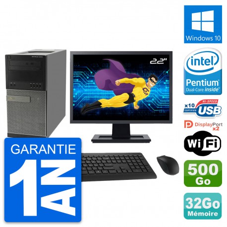 PC Tour Dell 9010 Ecran 22" Intel G630 RAM 32Go Disque Dur 500Go Windows 10 Wifi