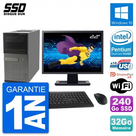 PC Tour Dell 9010 Ecran 22" Intel G630 RAM 32Go SSD 240Go Windows 10 Wifi