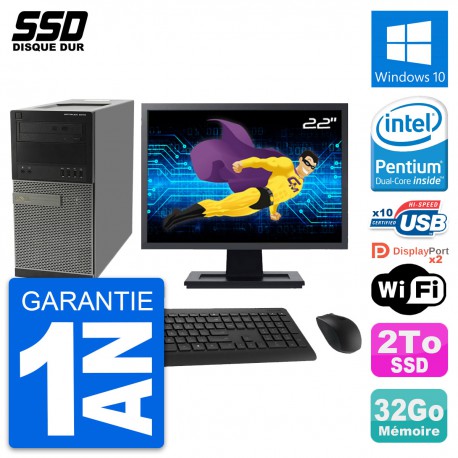 PC Tour Dell OptiPlex 9010 Ecran 22" Intel G630 RAM 32Go SSD 2To Windows 10 Wifi