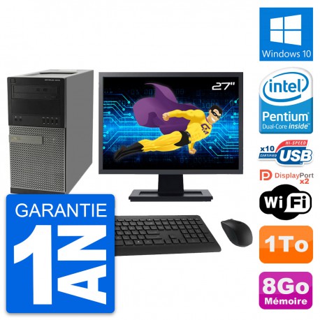 PC Tour Dell 9010 Ecran 27" Intel G630 RAM 8Go Disque Dur 1To Windows 10 Wifi