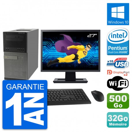 PC Tour Dell 9010 Ecran 27" Intel G630 RAM 32Go Disque Dur 500Go Windows 10 Wifi