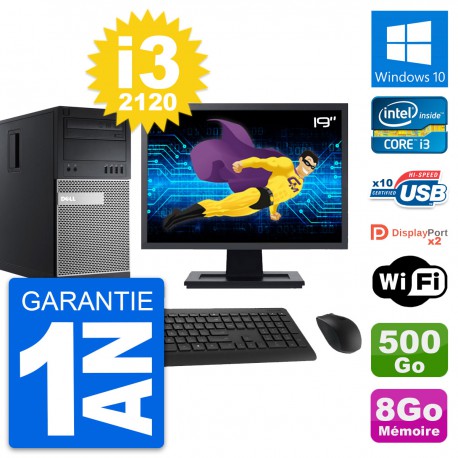 PC Tour Dell 9010 Ecran 19" Intel i3-2120 RAM 8Go Disque 500Go Windows 10 Wifi