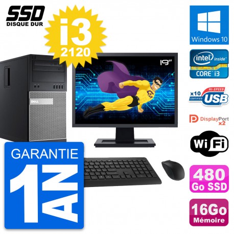 PC Tour Dell 9010 Ecran 19" Intel i3-2120 RAM 16Go SSD 480Go Windows 10 Wifi