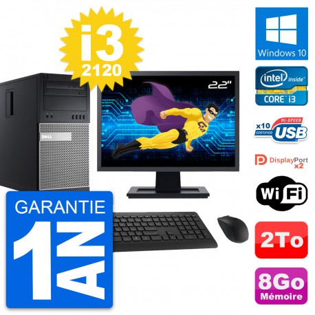PC Tour Dell 9010 Ecran 22" Intel i3-2120 RAM 8Go Disque Dur 2To Windows 10 Wifi
