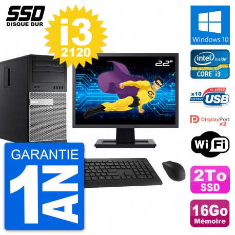 PC Tour Dell 9010 Ecran 22" Intel Core i3-2120 RAM 16Go SSD 2To Windows 10 Wifi