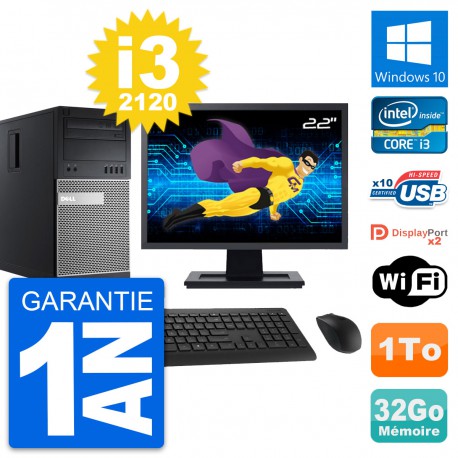 PC Tour Dell 9010 Ecran 22" Intel i3-2120 RAM 32Go Disque 1To Windows 10 Wifi
