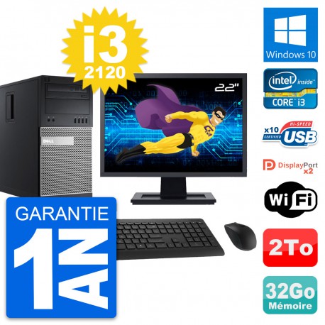 PC Tour Dell 9010 Ecran 22" Intel i3-2120 RAM 32Go Disque 2To Windows 10 Wifi